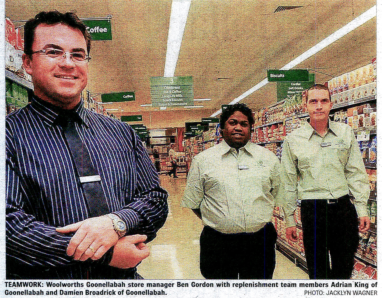 Woolworths Goonellabah store manager Ben Gordon with replenished team members Adrian King of Goonellabah and Damien Broadrick of Goonellabah.